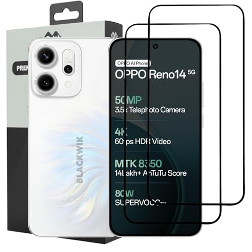 Image of Blackwik Tempered Glass Screen Protector for Oppo Reno 13 / Oppo Reno 14 with Edge-To-Edge Protector Coverage | Easy Installation Kit (Black) (Pack Of 2)