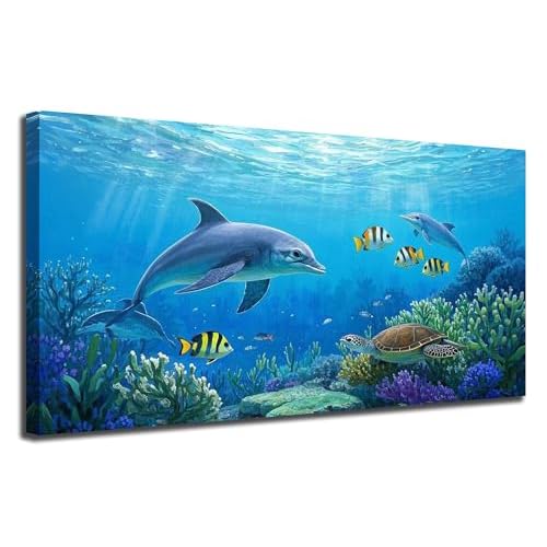 Ardemy Ocean Life Wall Art 40x20 Inches, Waterproof Canvas Print with Dolphins and Sea Turtles, Underwater Scene for Bathroom, Kids Room, Living Room