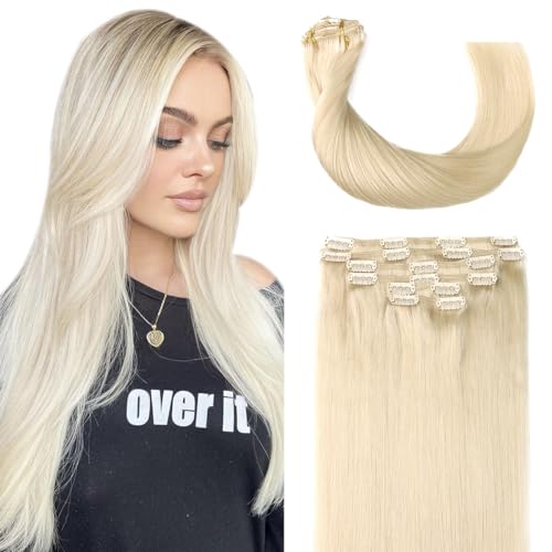 Sindra Clip in Hair Extensions Human Hair 22 Inch Platinum Blonde Double Weft Clip in Extensions 6 Pieces 120g #60 22"