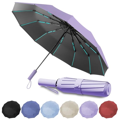 Paraguas Automatico,Paraguas Invertido Resistente Viento,Paraguas Plegables Glegable 60 Varillas Antitormentas, Con Función De Apertura y Cierre Automático Para Hombres, Mujeres (Morado)