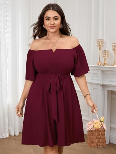 Image of SCOMCHIC Womens Plus Size Cocktail Dress Summer Off Shoulder Short Sleeve Flowy Ruffle A-Line Cute Mini Dress with Belt