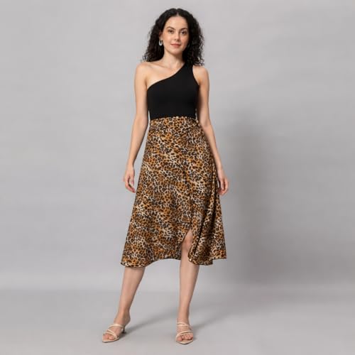 Image of Women's Floral & Animal Print Wrap Skirt - Midi Length A-Line Summer Skirt with Side Tie-Up, Tropical Cheetah Tiger Casual Beach Wear