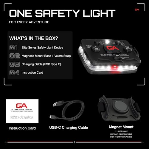 Image of Guardian Angel Elite Series Safety Light, Beacon Device (White Front & White Rear) Rechargeable, Magnetic, Hands-Free Wearable & Mountable LED Flashlight for Industrial PPE, Boat Signal & Mechanics