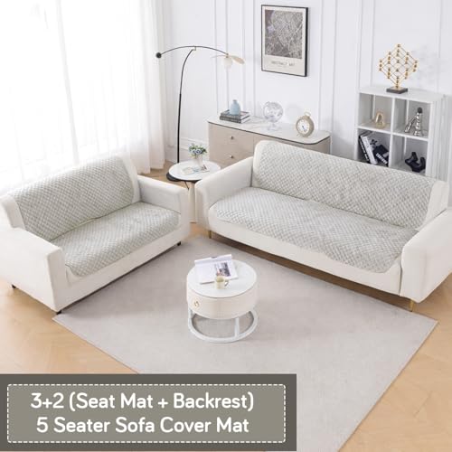 Image of HOKIPO Quilted Sofa Cover 5 Seater - (3+2) for Seat & Back | 'Quilt Classic' Light Grey (IN-927 * 2+926 * 2-LGRY)