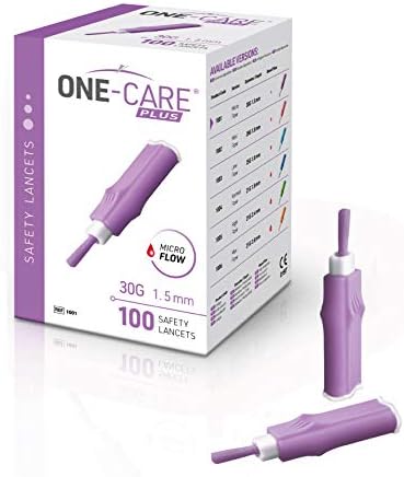 MediVena ONE-CARE Plus Safety Lancets, Contact-Activated, Comfort Micro Needle 30G x 1.5mm, 100/bx, Sterile, Single-Use, Easy Fingerstick for Comfortable Glucose Testing