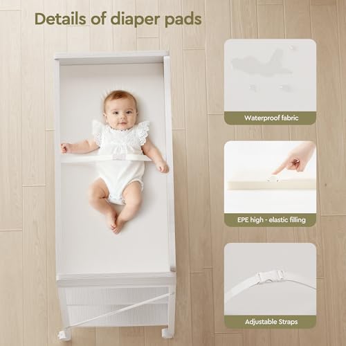 Image of Baby Changing Table, Diaper Station with Pad, 2-Tier Shelves, Mobile, White | Changing Table,Waterproof Diaper pad & Safety Strap, 2-Tier shelves, Mobile wheels
