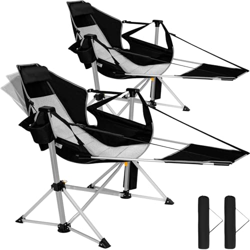 Kamglide 2 Pack Oversized Swing Hammock Camping Chairs with Footrests & Headrests 440LBS Aluminum Reclining Outdoor Lounge Chairs 49 Tall Folding Chairs with Cup Holders Black