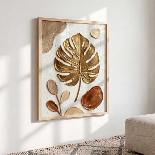 Image of kotart Golden Leaf Wall Art Home Decoration | Aesthetic Floral Paintings With Frame For Living Room Bed Room Hotel Wall Decor Digital Reprint (19x25 inch)