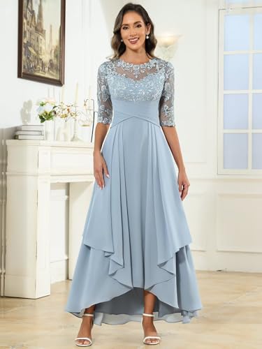 Tea Length Mother of The Bride Dresses for Women Formal Lace Appliques Chiffon Ruffled Evening Gowns with Sleeves3