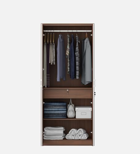 Image of Spacewood Dew Wardrobe | 3 Year Warranty | Almirah, Cupboard, Almari, 2 Door Wardrobe with Mirror, 1 Drawer (1 Lock Drawer) and 1 Hanging Space|Engineered Wood| Walnut Rigato