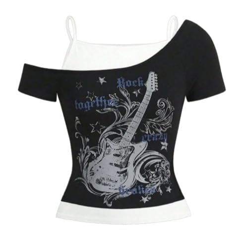 Emo Grunge T-shirt vintage da donna con spalle scoperte Y2K