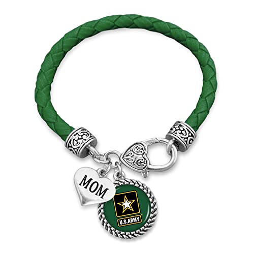 U.S. Army Mom Leather Bracelet with Round Logo, Charm and Lobster Clasp