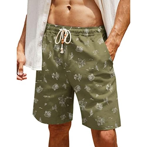 COOFANDY Men's Linen Shorts Casual Elastic Waist Drawstring Summer Beach Shorts Small Green Palm