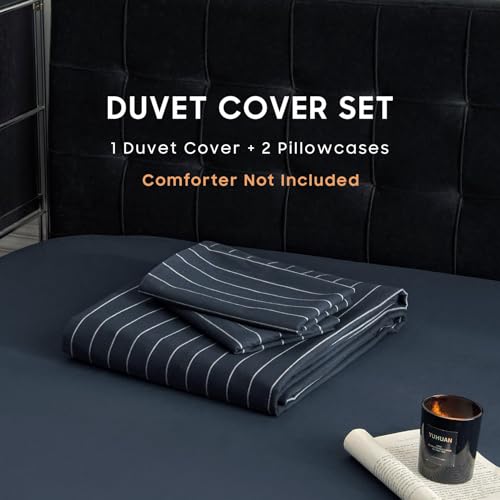 Image of Wake In Cloud - Striped Cotton Duvet Cover Set, Ticking Stripe Vertical Pinstripe Farmhouse, 100% Washed Cotton Textured Bedding Set, 3 Pieces, Navy Blue, Twin /Twin XL Size