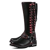 Dream Apparel Women's Harness Motorcycle Riding Boots for Biker, Square Toe Lace Up Knee High Boots with Side Zipper, Black PU Leather Footwear Ladies, Size 9.5
