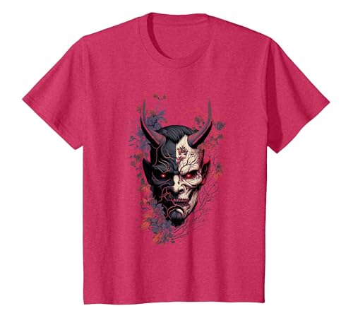 Traditional Japanese Tattoo Demon Mask, Oni Hannya Samurai T-Shirt, Youth, Red Heather, Large