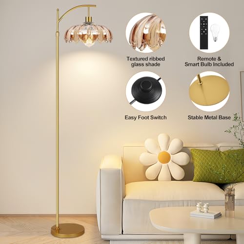 Image of AHDWDW Gold Arc Floor Lamp for Living Room with Remote,Dimmable Modern Floor Lamps with Amber Glass Shade,Unique Vintage Flower Standing Tall Lamp,Mid Century Floor Lamps for Bedroom Office Corner