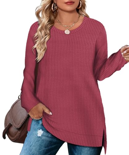 Image of RITERA Plus Size Women Sweaters Waffle Knit Pullover Top Long Sleeve Casual Crewneck Shirt Loose Split Hem Fall Winter Blouse