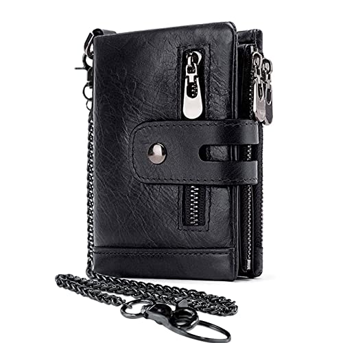 Image of Genuine Leather Bifold Chain Wallet for Men RFID Blocking | Heavy Duty Steel Anti-Theft Chain & 2 Zipper Coin Purse. Perfect for Bikers, Daily Commute, Gift for Dad /Husband