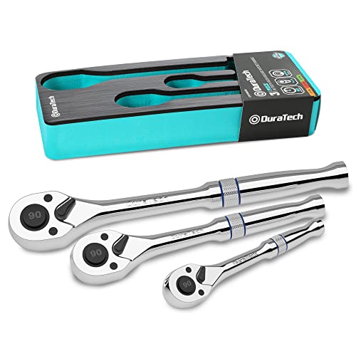 DURATECH 3-Piece Drive Ratchet, 1/4", 3/8", 1/2" 90-Tooth Quick-release Ratchet Wrench, Reversible, Cr-V Made, Full Polished, Mens Stocking Stuffers Gifts for Men Gifts for Women Gifts for Dad