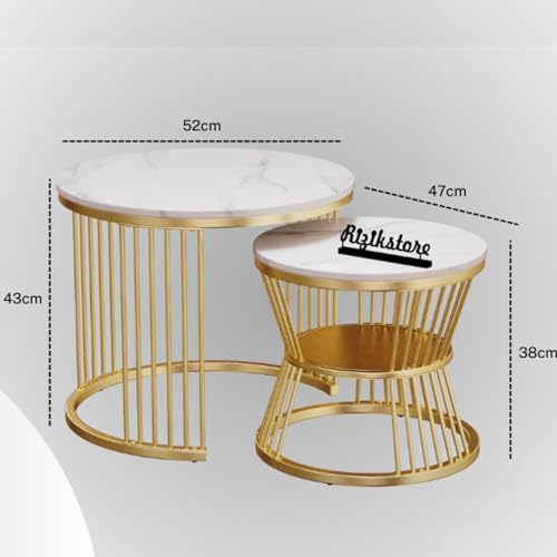 Image of RIZIK Store Iron Frame Handmade 20.5 inch x 20.5 inch Round Coffee Table /Nesting Table /Side Table /Center Table with Engineered Wood Top for Living Room /Drawing Room /Balcony (White Gold)
