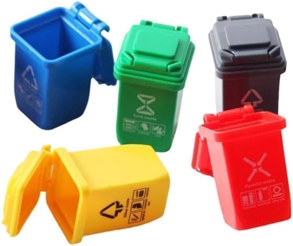 Inoe Miniature Bin Set, 1:12 Scale, 5 Coloured Waste Bins, Dollhouse Accessories