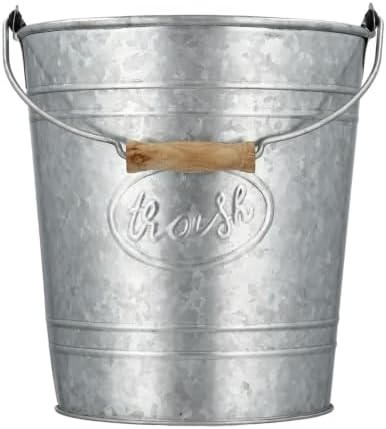 Autumn Alley Rustic Farmhouse Bathroom Trash Can - Country Style Galvanized Trash Can Bucket with Wooden Handle for Rustic Bathroom, Bedroom, Kitchen, Office, Vintage Metal Wastebasket, 2 Gal.