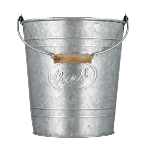 Autumn Alley Rustic Farmhouse Bathroom Trash Can - Country Style Galvanized Trash Can Bucket with Wooden Handle for Rustic Bathroom, Bedroom, Kitchen, Office, Vintage Metal Wastebasket, 2 Gal.