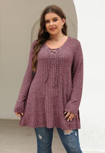 Image of Nemidor Women Plus Size Casual Tunic Top Drawstring V Neck Long Sleeve
