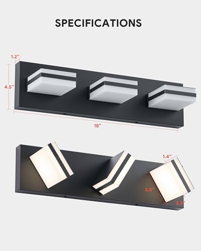 Image of VONLUCE Bathroom Vanity Light Fixture, 3-Light Modern LED Vanity Lights, 3CCT Adjustable Bathroom Light with Memory Function Rotatable Shades, 18 inch Wall Lighting Fixture Over Mirror, Matte Black