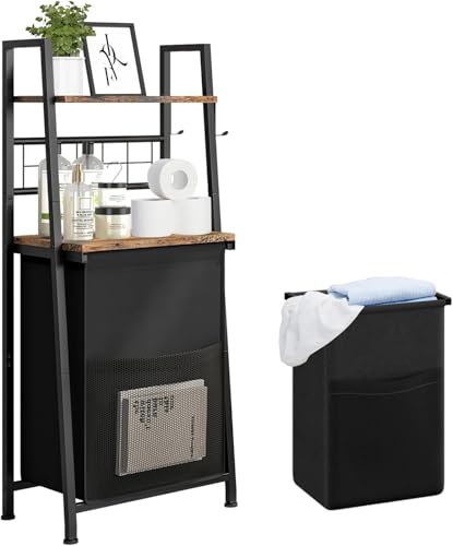 Taotigzu Panier à Linge 2 Étagères avec Étagère en Bois et Crochets,Corbeille à Linge Sale avec Sac Amovible et Extractible,Paniere a Linge Sale avec Sac...