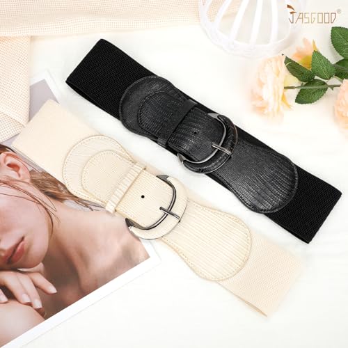 JASGOOD 2 Pack Women Stretchy Wide Waist Belt Ladies Vintage Elastic Waist Belt for Dress3