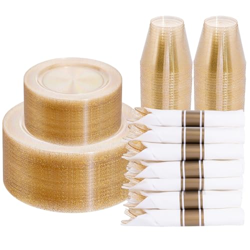 DaYammi 210PCS Gold Glitter Plastic Dinnerware Set for 30 Guests