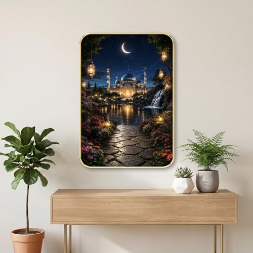 Image of SAF Islamic Mosque Night Garden Wall Painting with Premium PVC Golden Frame, Crescent Moon Waterfall Lantern Art, Muslim Home Decor for Prayer Room Living Room (13x19 Inch) MG-36046