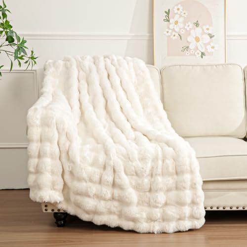 Enyhom Bubble Decke 127x152 cm Creme, Kaninchen Fellimitat Flauschig Weiche Warme Kuscheldecke, Sofadecke für Sofa Couch Bett Haustier Schlafzimmer Wohnzimmer Deko
