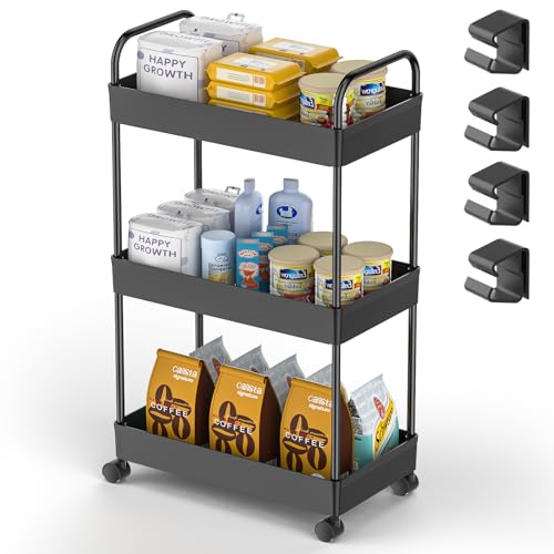 Carro de Almacenamiento de 3 Niveles Carrito Auxiliar Cocina Plástico Carrito Auxiliar con Ruedas Ahorra Espacio Organizador de estanterías móviles Carro Multiusos para Baño, Cocina, Oficina (Negro)