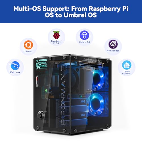 Image of Pironman 5-MAX Dual NVMe M.2 SSD PCIe PC Case for Raspberry Pi 5 NAS RAID 0 /1 Hailo-8L AI Accelerator PWM Tower Cooler+Dual RGB Fans, 0.96 inch OLED Module, Safe Shutdown, Standard HDMI(RPI5 Not Included)