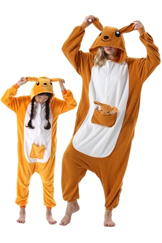DarkCom Kangourou Onesie pour Enfants et Adultes,Vêtements de Nuit Combinaison Parent-Enfant Cosplay Animal Halloween Kigurumi Costume Pyjama de Noël 4-5 T