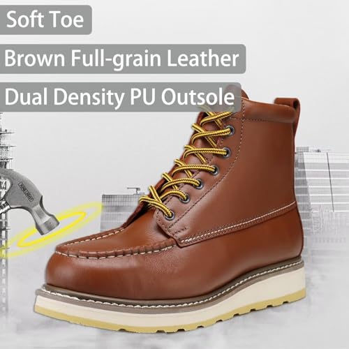 Image of Brown Men's Leather Work Boots - 4 /6 /8 Inch Composite & Soft Toe, Slip Resistant, Oil Resistant, Electrical Hazard, Mark Toe Construction Footwear