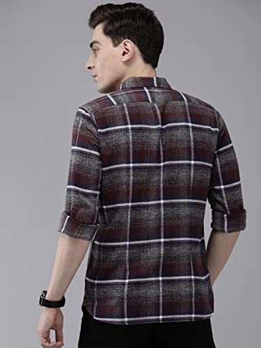 Image of THE BEAR HOUSE Men's Cotton Grey & Maroon Checks Slim Fit Shirt | L |TBH-Albion-GY-L |