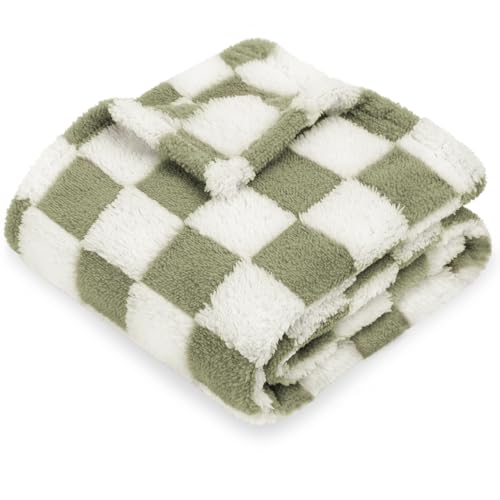 Image of HOMRITAR Checkered Baby Blankets for Boys Girls Warm Cozy Reversible Toddler Blanket, Fluffy Fuzzy Plush Bed Blanket with Chessboard Grid Design 350GSM Mustard Green 30 x 40 Inch