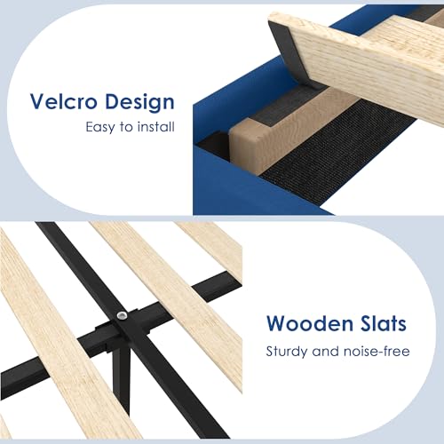 Image of VECELO Queen Size Platform Bed Frame with Height Adjustable Upholstered Headboard, Modern Mattress Foundation,Strong Wood Slat Support, No Box Spring Needed, Easy Assembly,Dark Blue