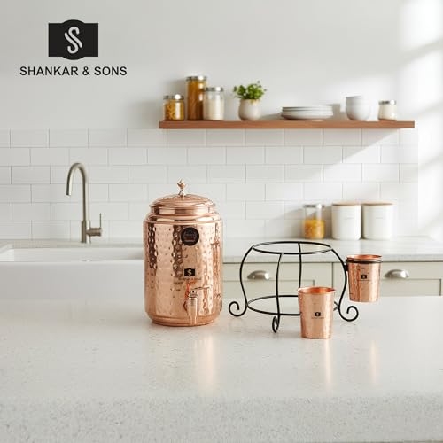 Image of SHANKAR & SONS 5 Litre Copper Water Dispenser Pot with Black Iron Stand and 2 Glasses | Hammered Texture, Non-Toxic, BPA Free with Added Health Benefits Traditional Matka for Drinking Water