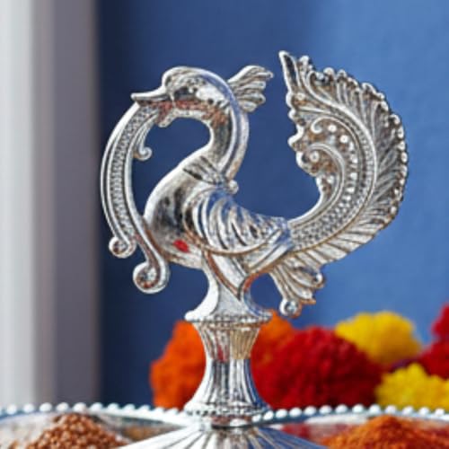 Image of Brass Kankavati Haldi Kumkum Container | Traditional Pooja Sindoor, Chawal Holder | Peacock Design 4 Bowl Pooja Accessory for Festivals, Gifting & Home Mandir (German Silver, Large)