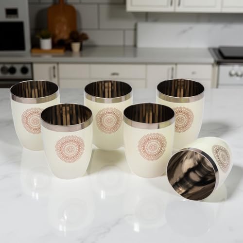 Image of JISCOVERY Stainless Steel Printed Glasses Set of 6 for Water, Milk, Lassi & Juice| Serving Glass Set| Designer Glass Tumblers| Capacity- 300 ML (Each) (Beige, Round)