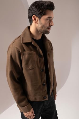 PERCH Men Solid Felt Two Pockets Crop Jacket Brown - Image 3