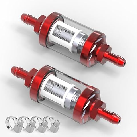 QCDENG 2pcs 5/16" Universal Gasoline Filter Inline Element, Red Can Disassemble and Wash Gasoline Cup Filter Element Clear Glass with Hose Clamps Cover