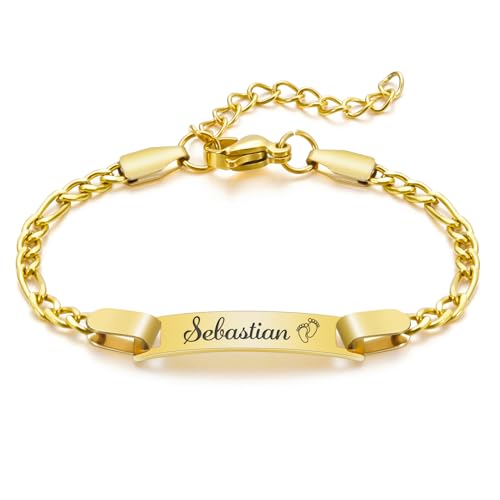 scenicamp Baby Name Bracelet Personalized, 18K Gold Plated Customized Child Bracelets Id Protection Bracelet New Born Birthday Gift for Kids Toddler Girls Boys(Gold)