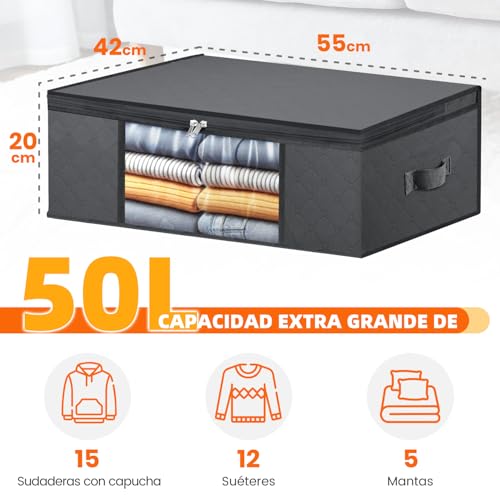 Miniatura 4 de Newsona Pack De 3 Bolsas De Almacenamiento Plegables 50l Gris Oscuro Tela De 3 Capas Con Ventana Transparente Para Ropa, Mantas, Cama, Armario