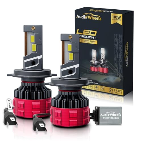 Image of Audio Wheels H4-110W Car Led Headlight Bulbs, 16,000 Lumens Super Bright LED Headlight Conversion Kit for Cars 6000K Cool White Quick Installation Halogen Replacement, Pack of 2